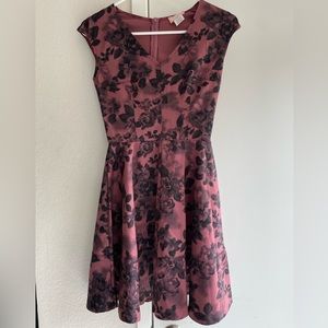 NWT LOVE ADY Sleeveless Fit and Flare V-neck Burgundy Black Flora Print Dress S